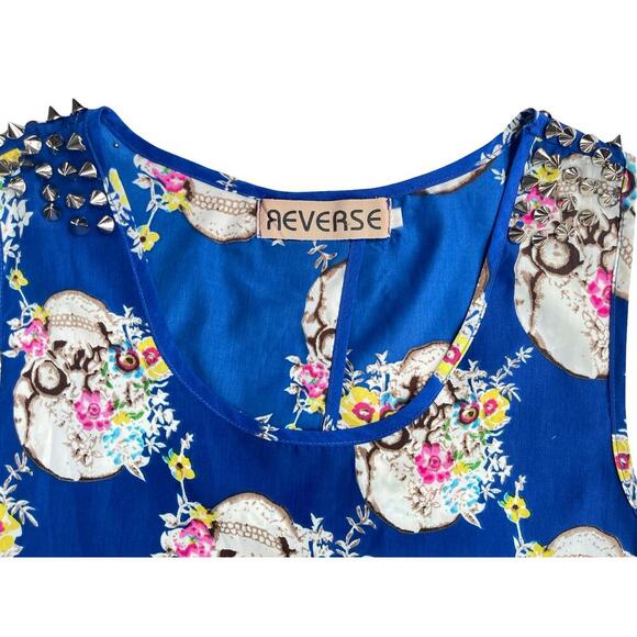 Blue Skull Floral Studded Sleeveless Crop Tank Top, Edgy Festival - Size S/M - Picture 4 of 11